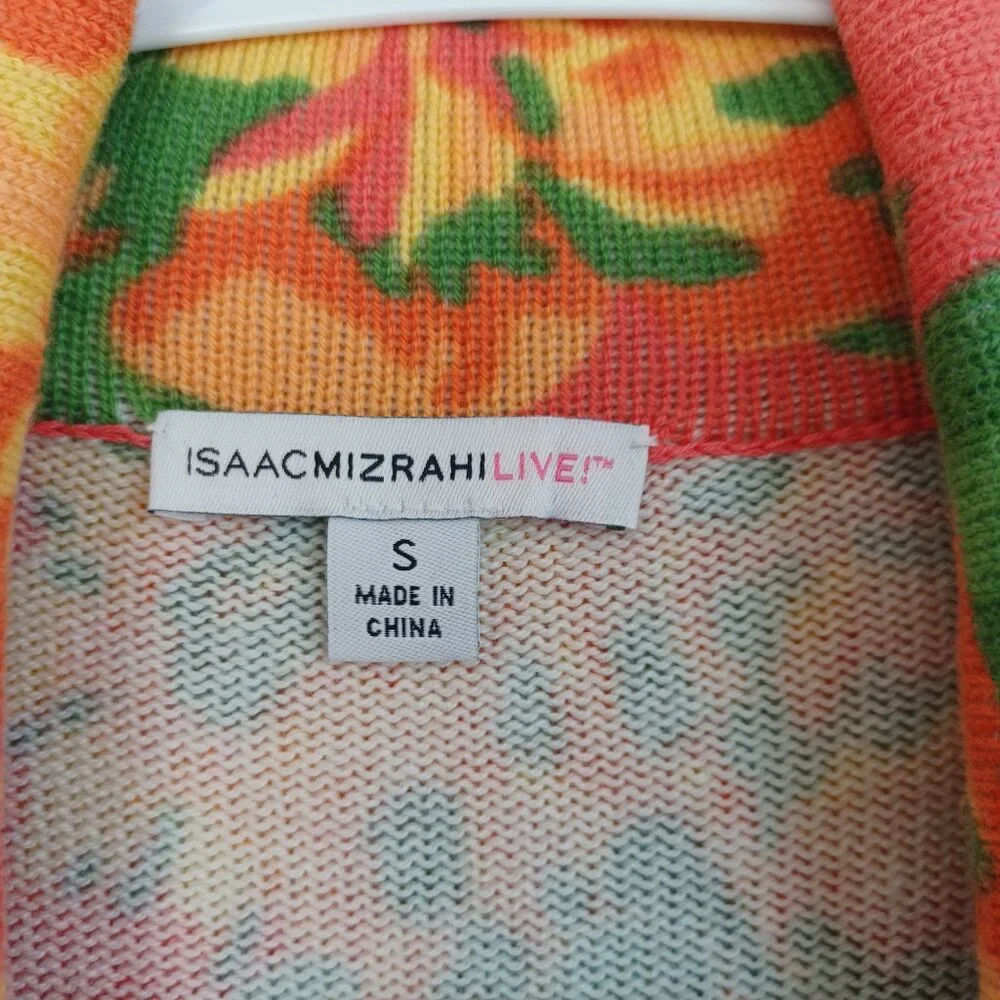Isaac Mizrahi Live Sweater Cardigan Two Button Collared Salmon Yellow‎ Floral Sm